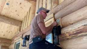 Log Cabin Build Part 26, staining the interior, installing lights and ceiling fan, Outlast interior