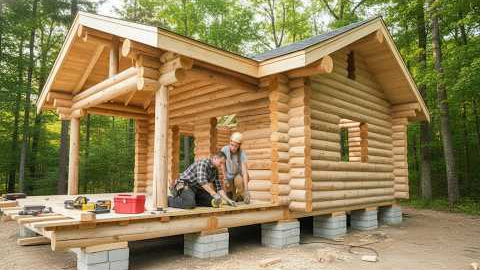 Couple Builds Incredible Off-Grid Log Cabin in Deep Forest - Start to Finish @NickandMaëla